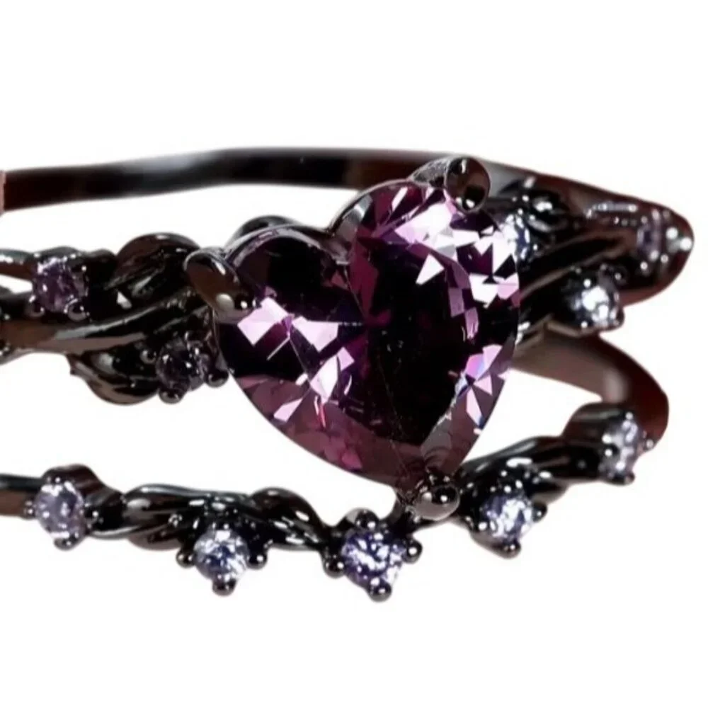 Heart Cut Amethyst & Moissanite 2 piece engagement wedding ring set in rhodium